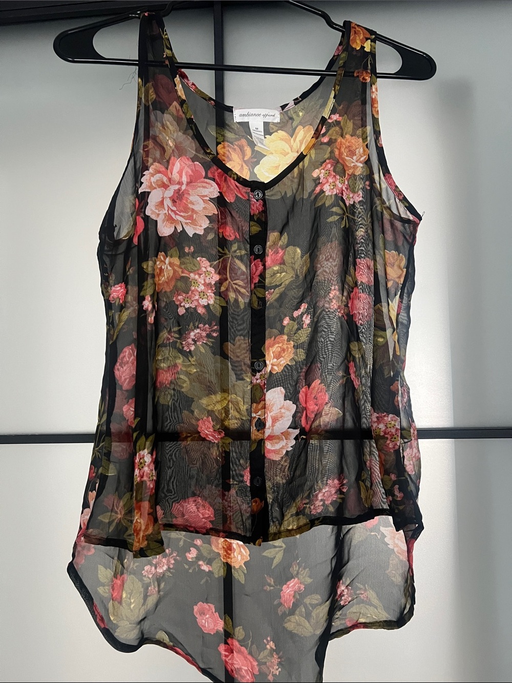 Ambience apparel Black Sheer Floral Button-Front Tank